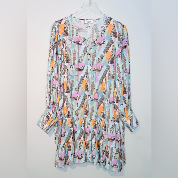 Fresha London Abstract Brush Print Purple Green Black Mini Dress - Picture 1 of 11